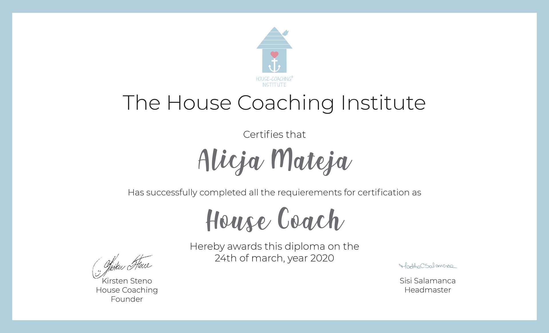 House-Coach dyplom Alicja Mateja